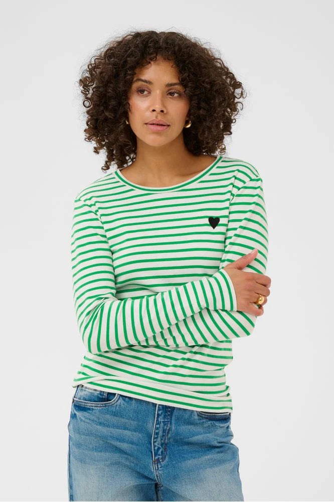 Kaffe Liddy Chalk/Bright Green Stripe with Black Heart Top