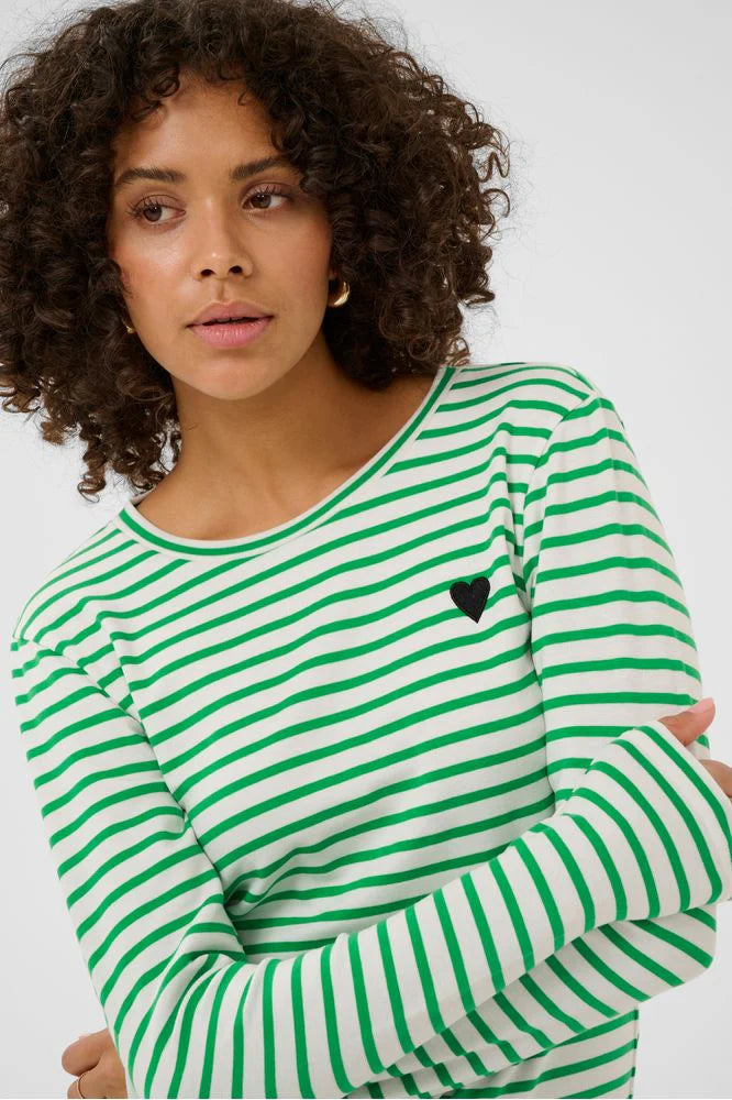 Kaffe Liddy Chalk/Bright Green Stripe with Black Heart Top