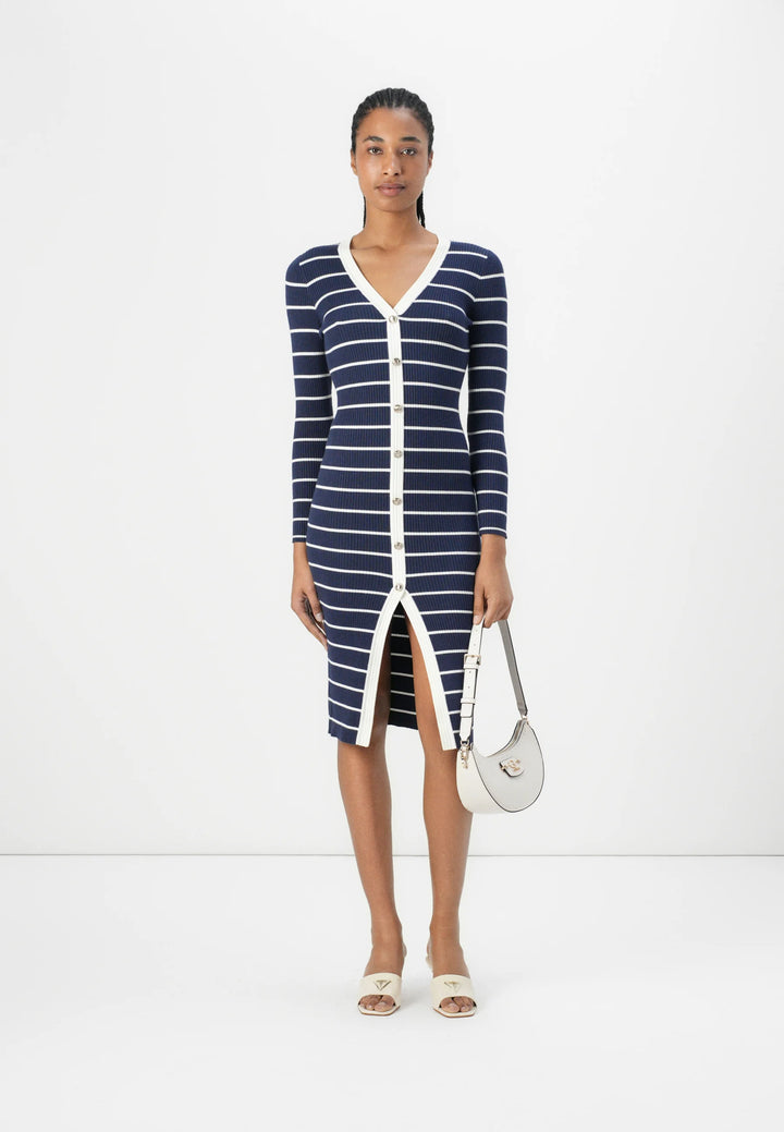 Guess Navy/White Stripe Bodycon Button Up Dress