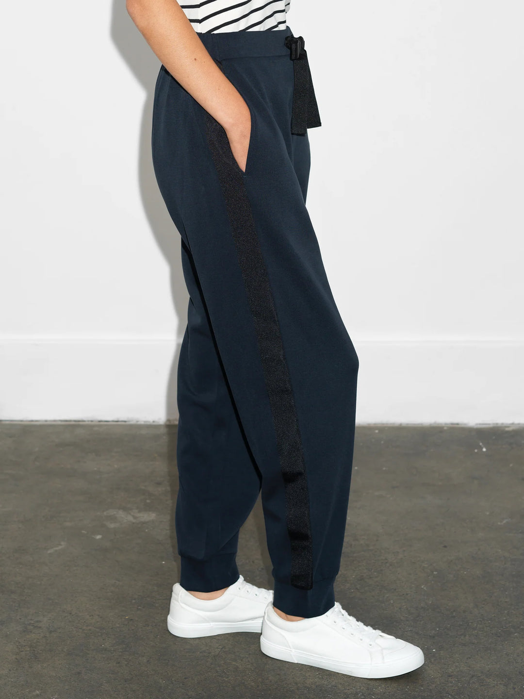 French Connection Wren Side Trim Tie Waist Trousers Black/Blue