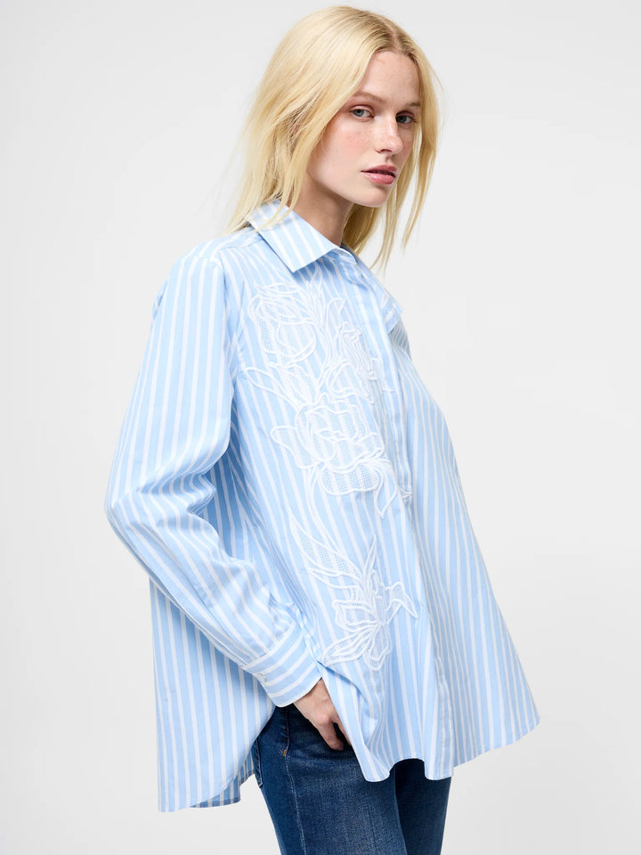 French Connection Cambria Cotton Embroidered Floral Stripe Shirt