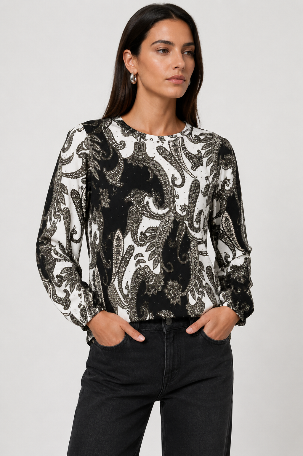Monari Paisley Print Olive Green Long Sleeve Top