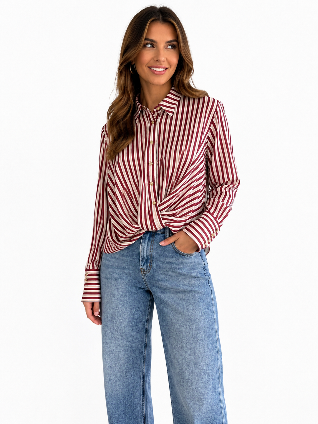 Salsa Stripped Satin Wrap Blouse Dark Red