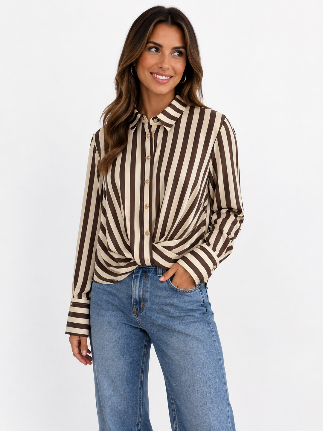 Salsa Stripped Satin Wrap Blouse Chocolate Brown