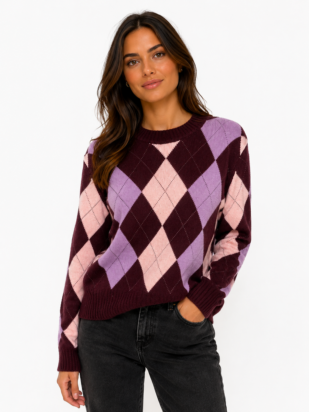 Guess Gracie Argyle Burgundy Sweater