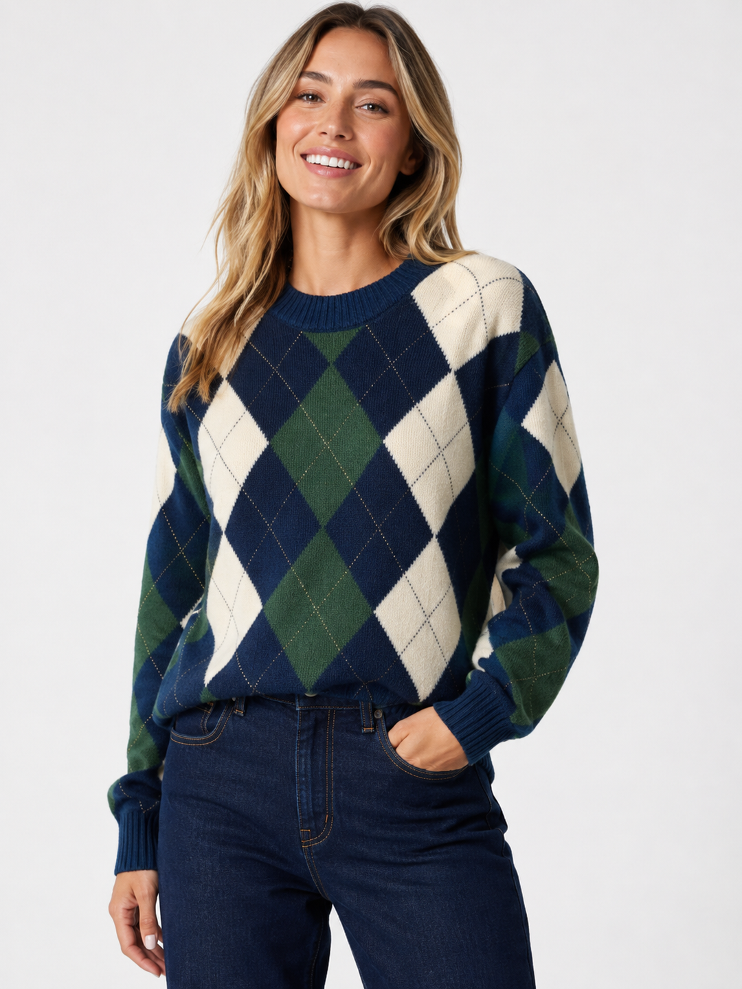 Guess Gracie Argyle Sweater Navy