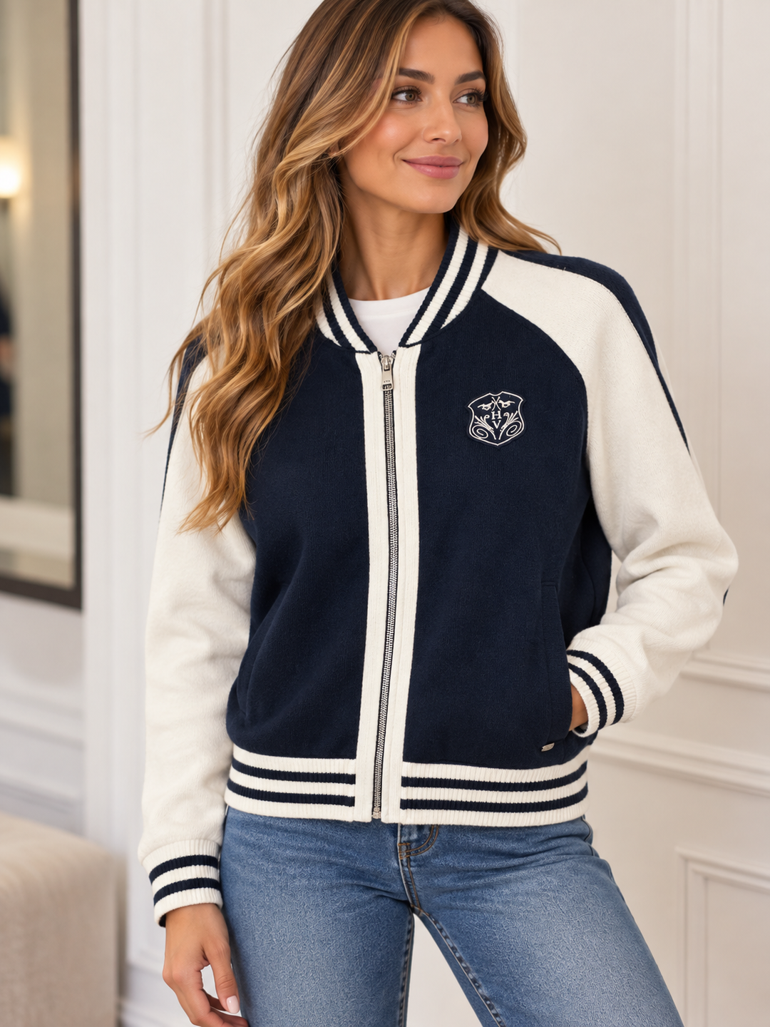 HV Society Zina Navy And White Zip Up Cardigan