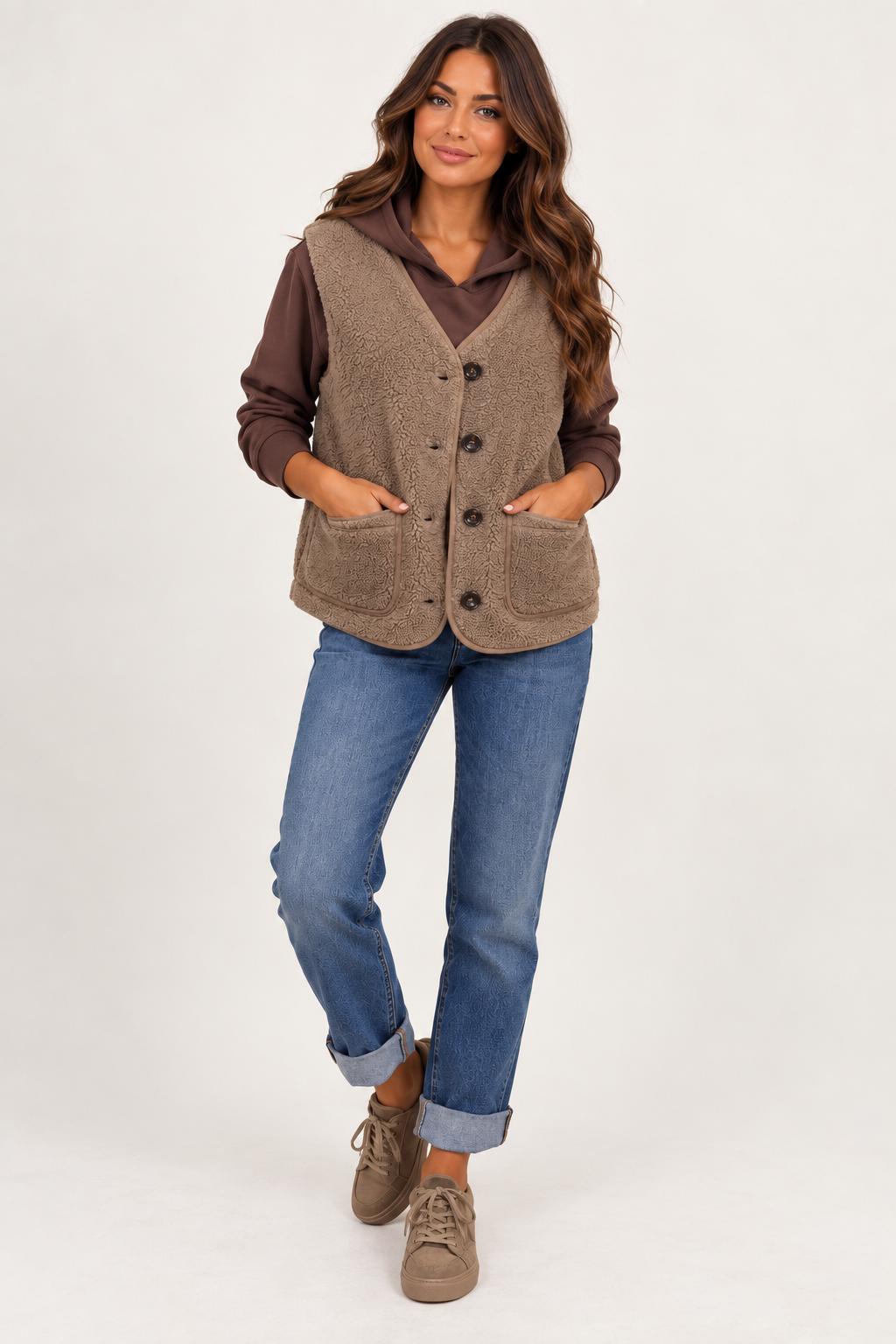 Kaffe Kalinn Reversible Teddy Vest | Desert Taupe