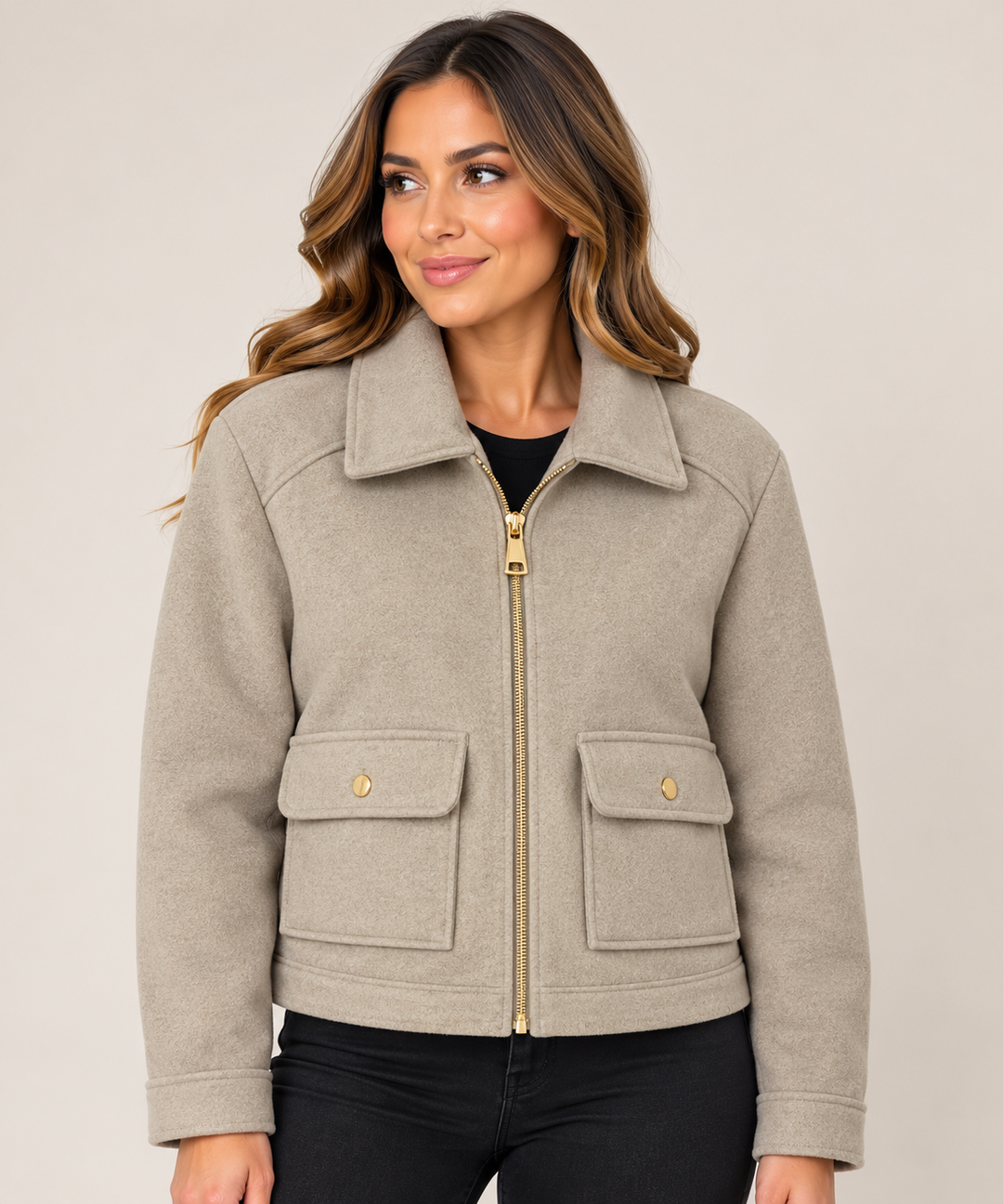 Actuelle Oatmeal Short Jacket With Zip