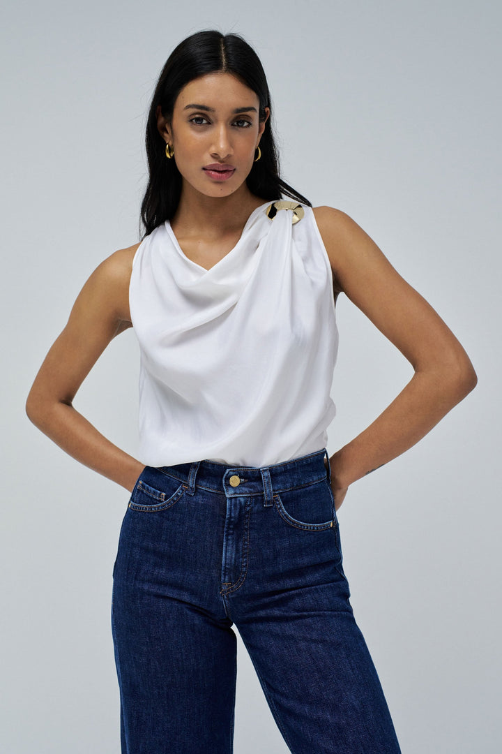 Salsa White Cowl Neck Top Gold Buckle