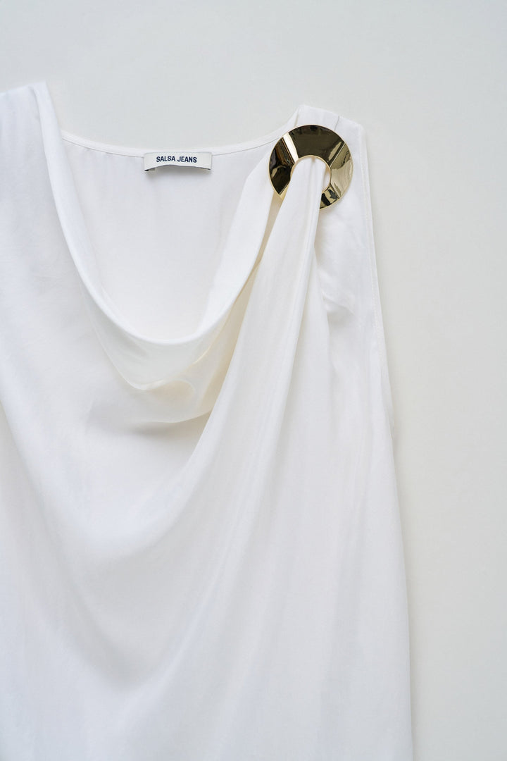 Salsa White Cowl Neck Top Gold Buckle