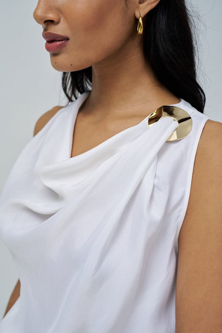 Salsa White Cowl Neck Top Gold Buckle