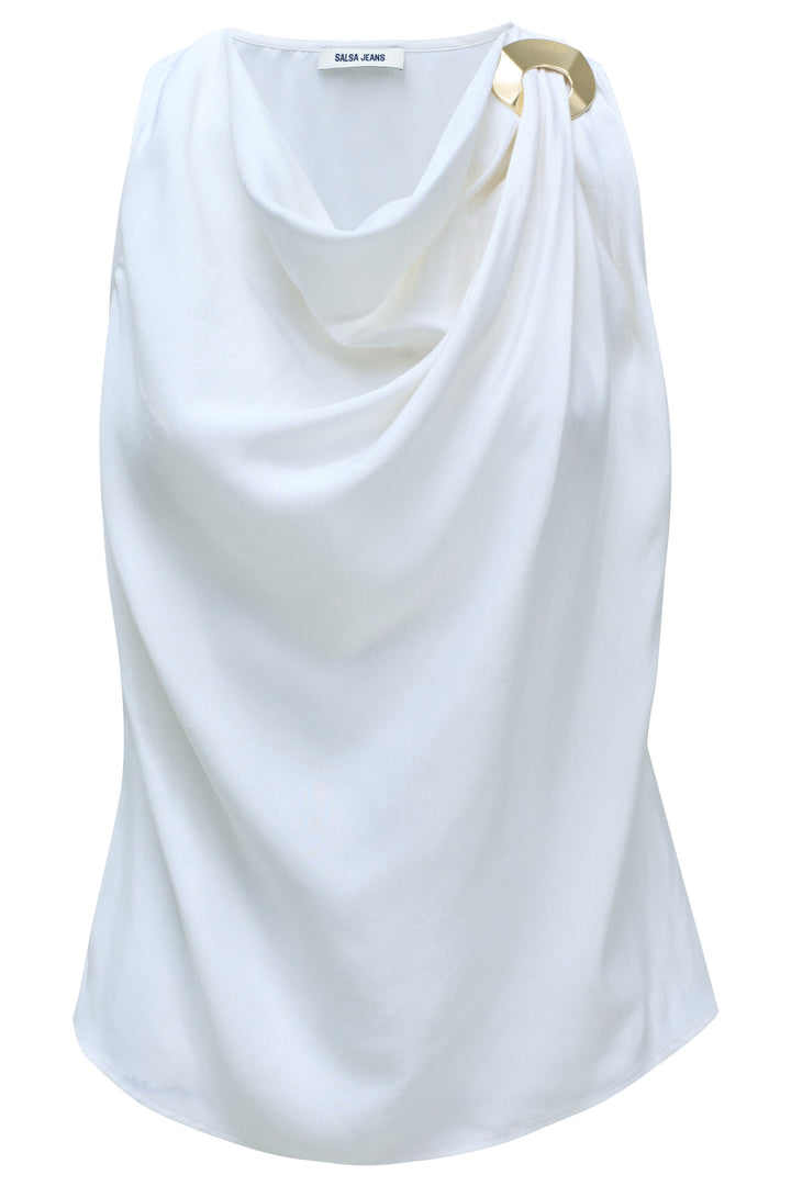 Salsa White Cowl Neck Top Gold Buckle