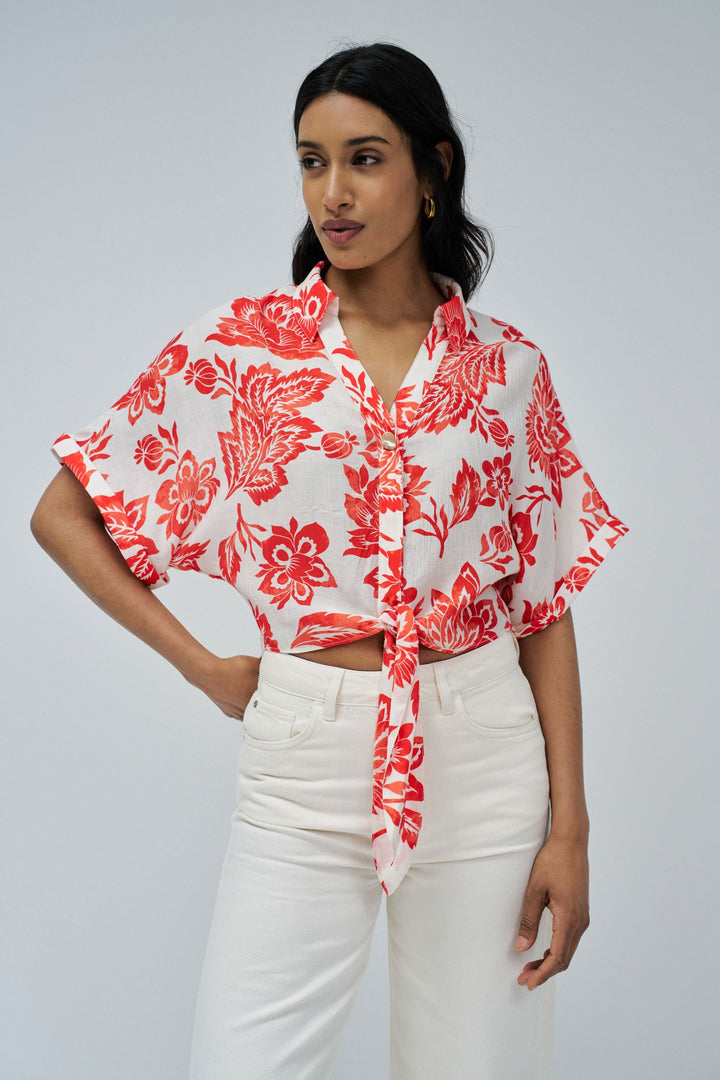 Salsa Orange Print V Neck Blouse
