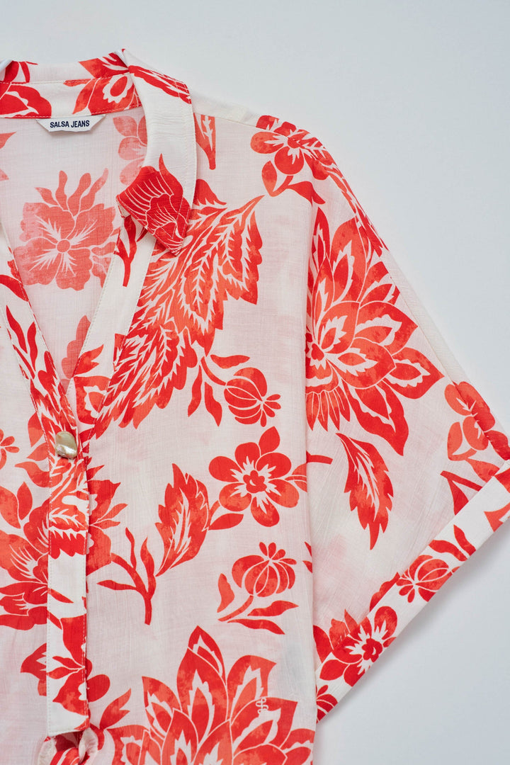 Salsa Orange Print V Neck Blouse