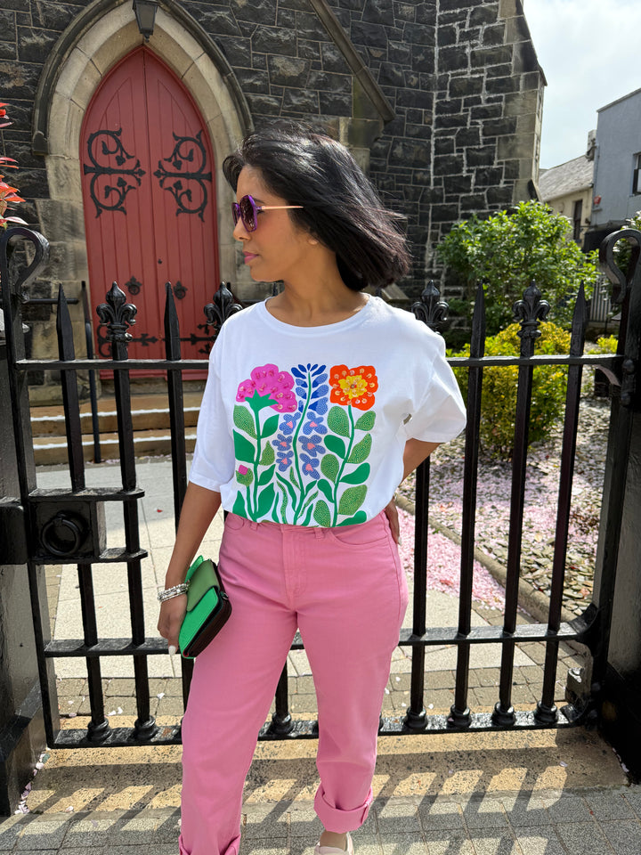 Attrait Flower Pattern Cotton White T-Shirt Pre Order