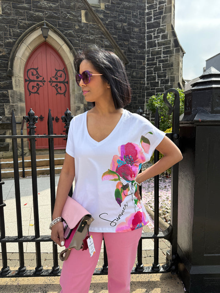 Attrait Summer Floral Cotton White T-Shirt