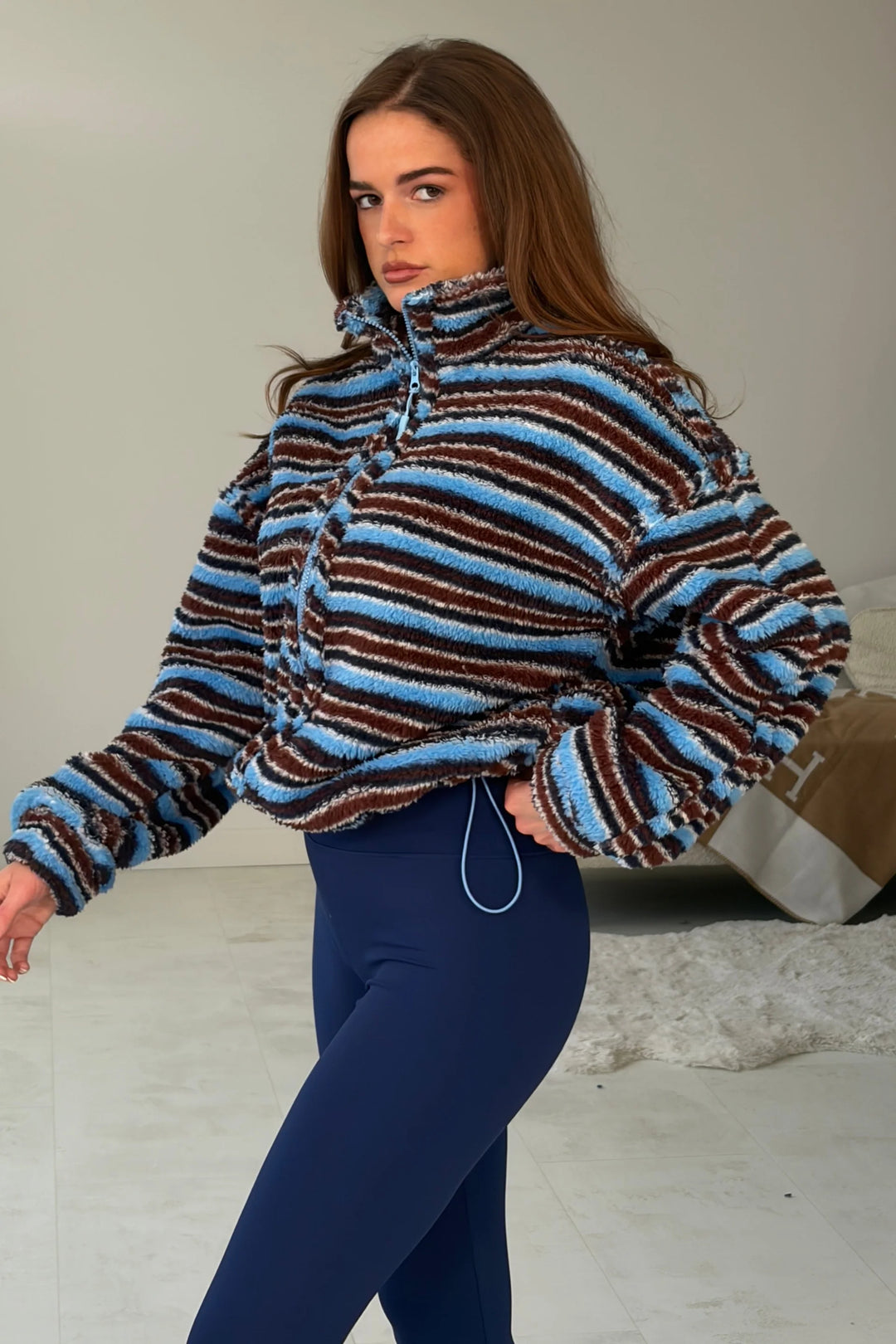 PRE ORDER | Girl In Mind Lulu Contrast 3/4 Zip Blue Stripe Fleece