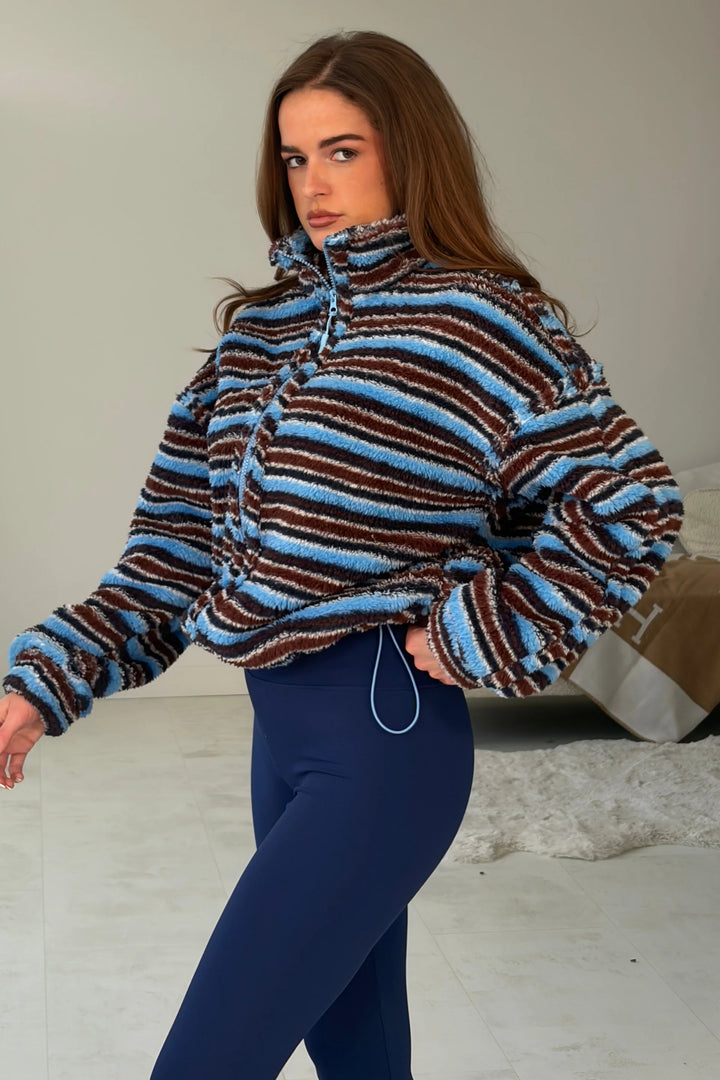 PRE ORDER | Girl In Mind Lulu Contrast 3/4 Zip Blue Stripe Fleece