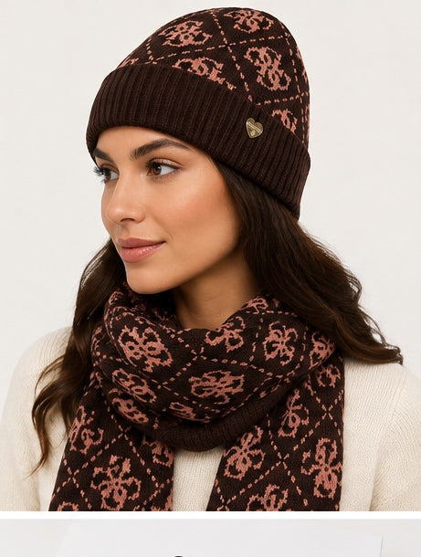 Guess 4G Logo Beanie And Scarf Set | Chocolate/Pink