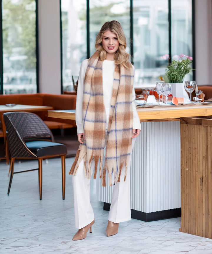 Pia Rossini Dixie Beige Check Oversized Winter Scarf