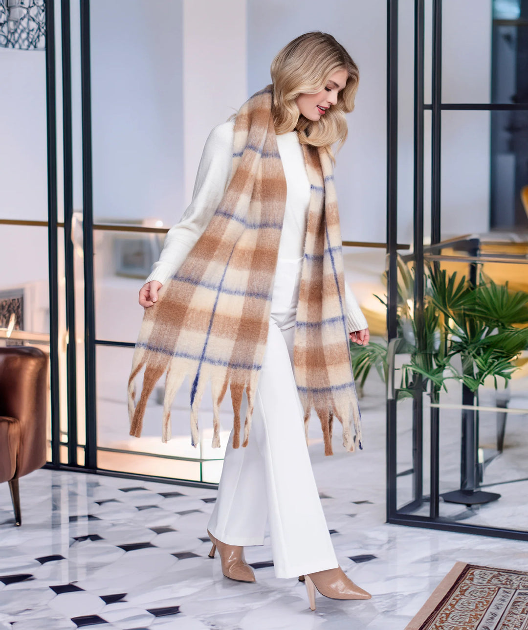 Pia Rossini Dixie Beige Check Oversized Winter Scarf