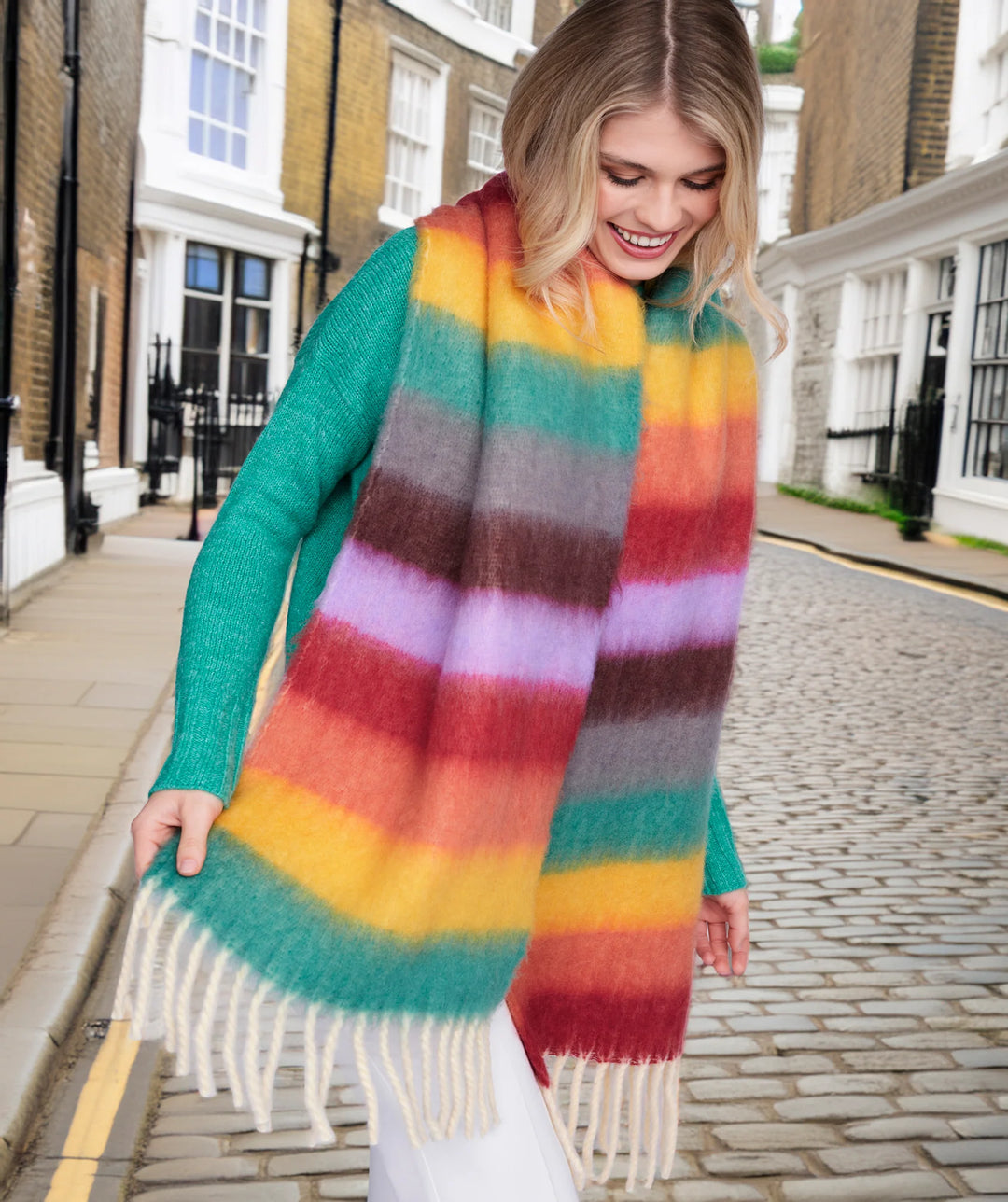 Pia Rossini Beth Multicoloured Striped Blanket Scarf with Fringed Hemline