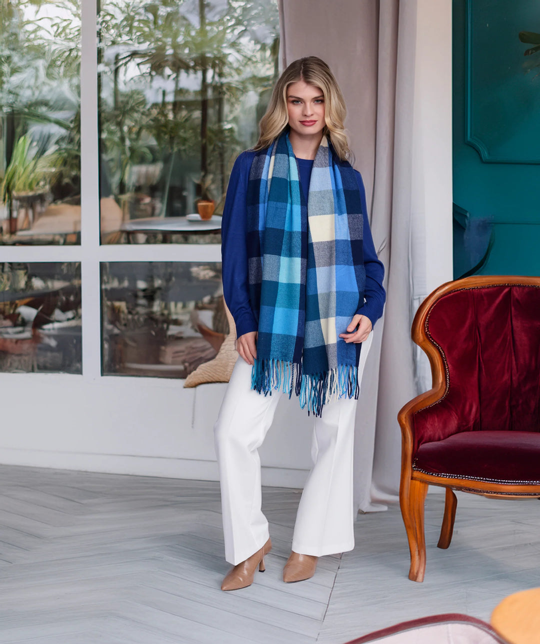 Pia Rossini Aria Blue Check Winter Scarf