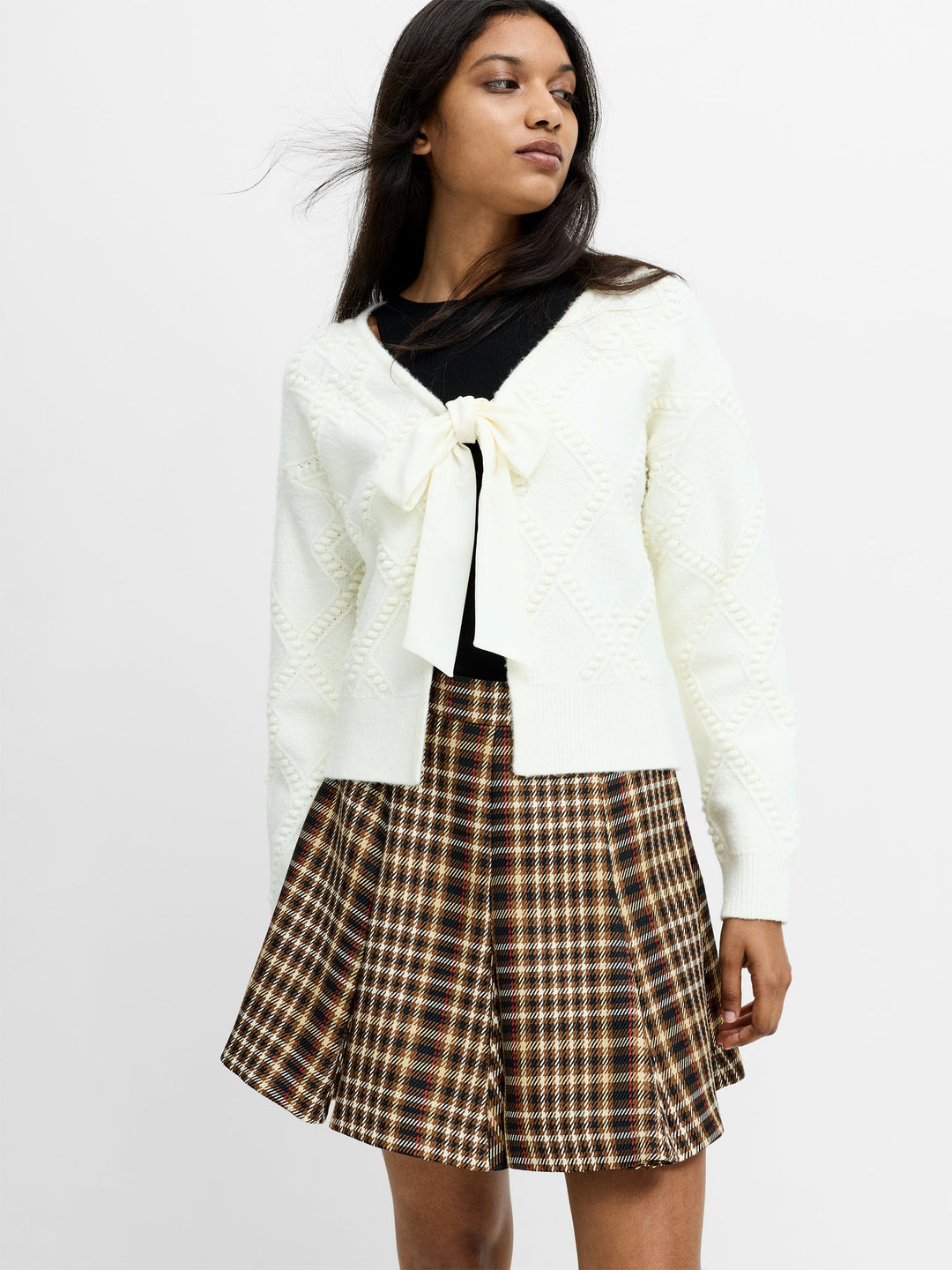 French Connection Kitty Cream Bobble Knit Bow Cardi