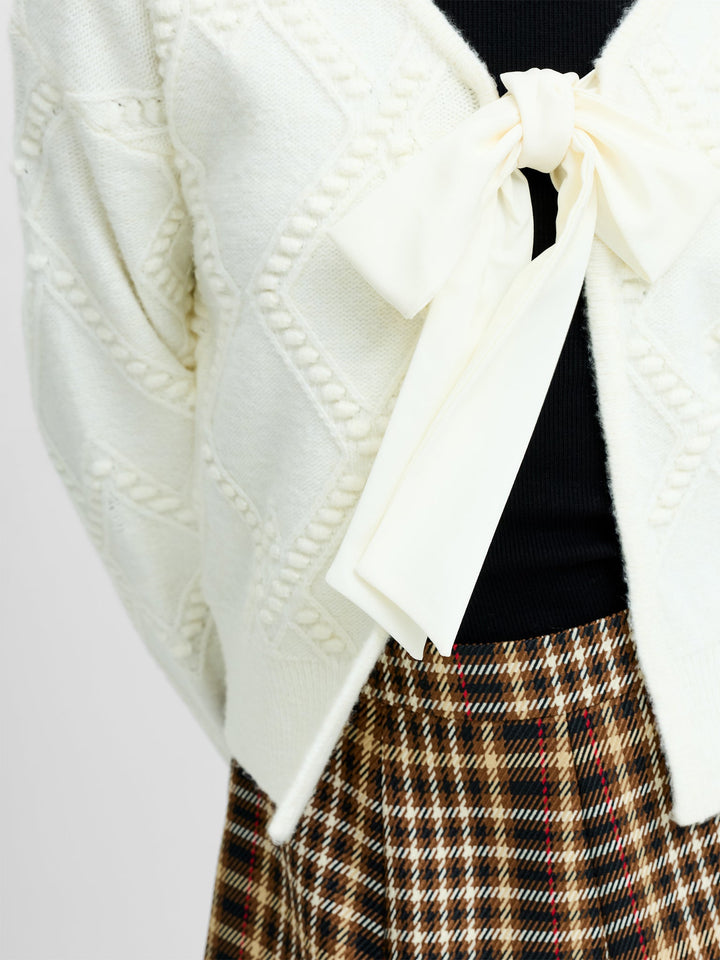 French Connection Kitty Cream Bobble Knit Bow Cardi