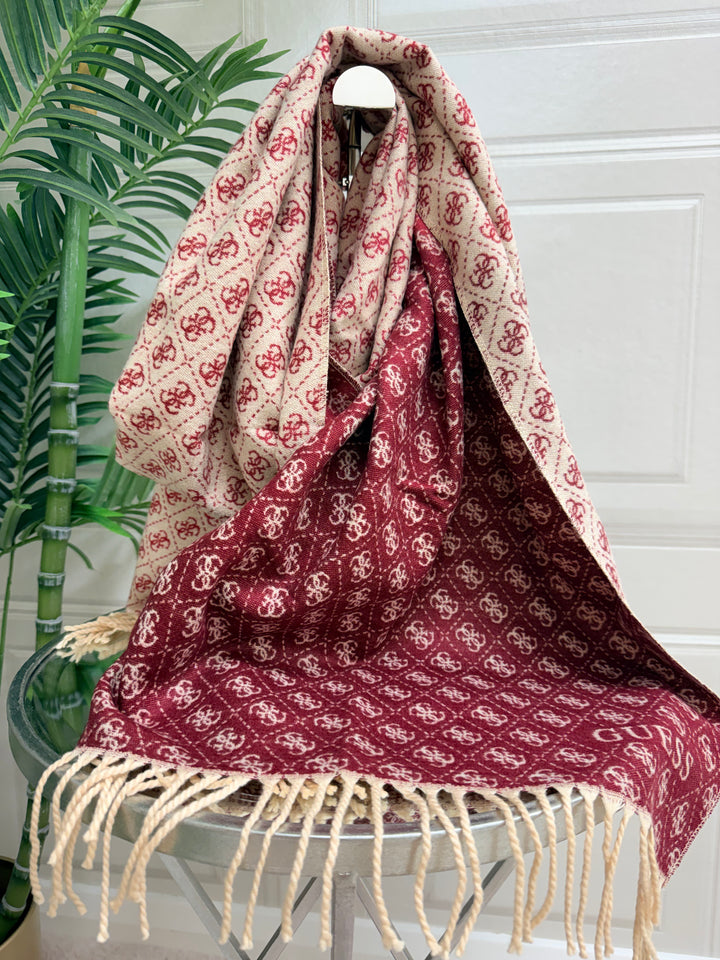 Guess Two Tone Red &amp; Cream Fringe Scarf
