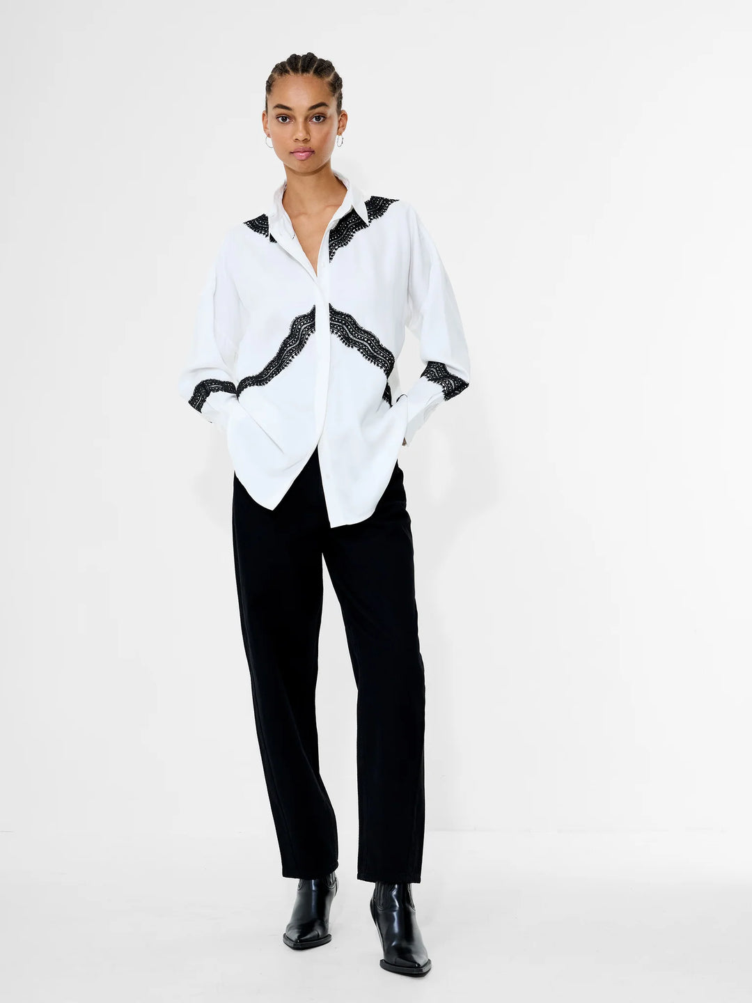 French Connection Candice Satin Lace Mix Long Sleeve Shirt