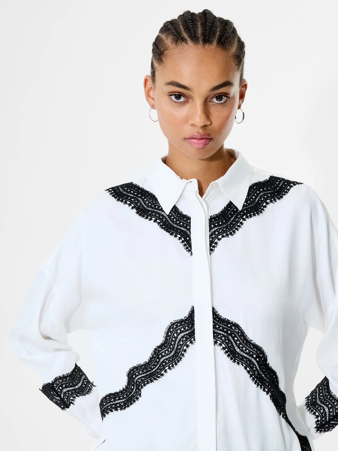 French Connection Candice Satin Lace Mix Long Sleeve Shirt