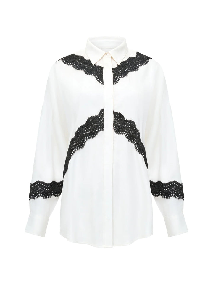 French Connection Candice Satin Lace Mix Long Sleeve Shirt