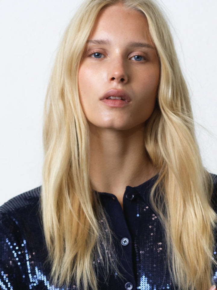 French Connection Hannah Knit Sequin Long Sleeve Button Through Top