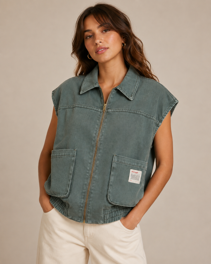 Numph Nuhamilton Vest | Washed Sea Green Denim