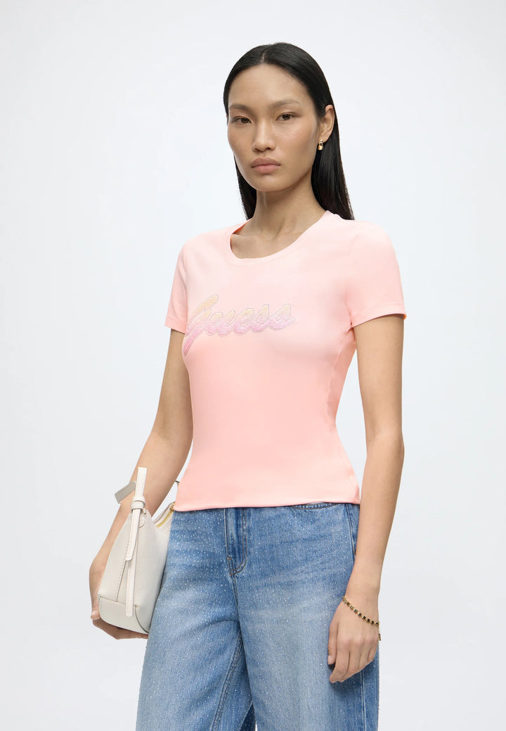 Guess Degrade Paillettes Logo Pink Tee