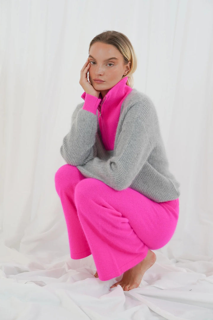 Twins Breckenridge II Long Sleeve Trucker Neck Pullover | Pearl Grey &amp; Neon Pink