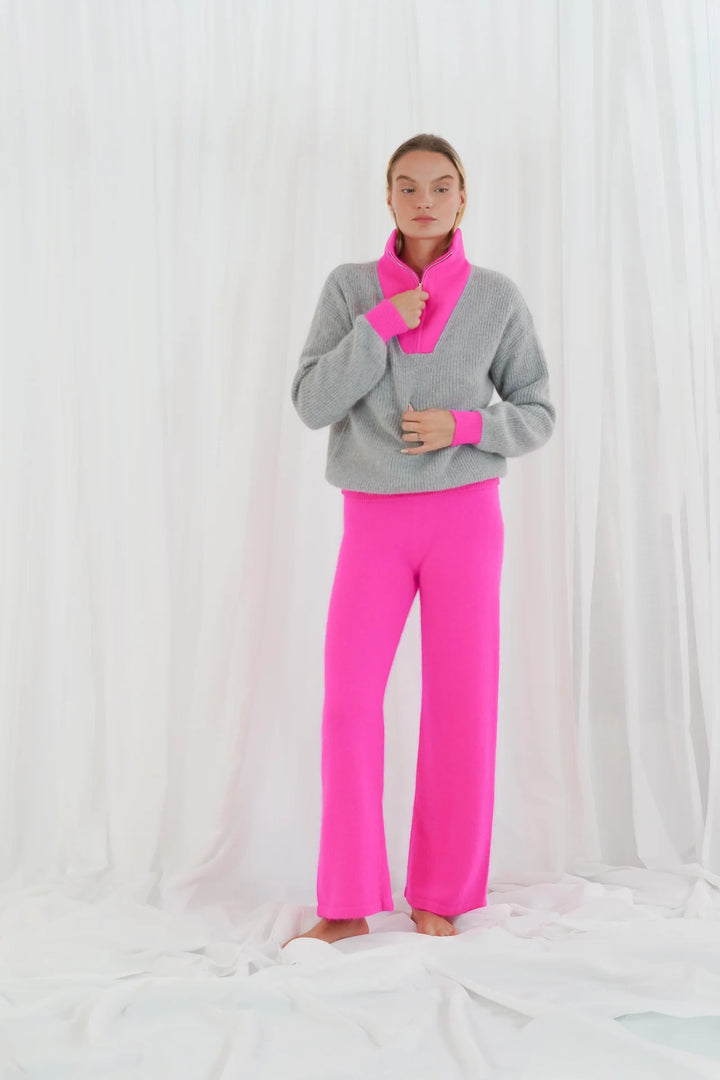 Twins Breckenridge II Long Sleeve Trucker Neck Pullover | Pearl Grey &amp; Neon Pink