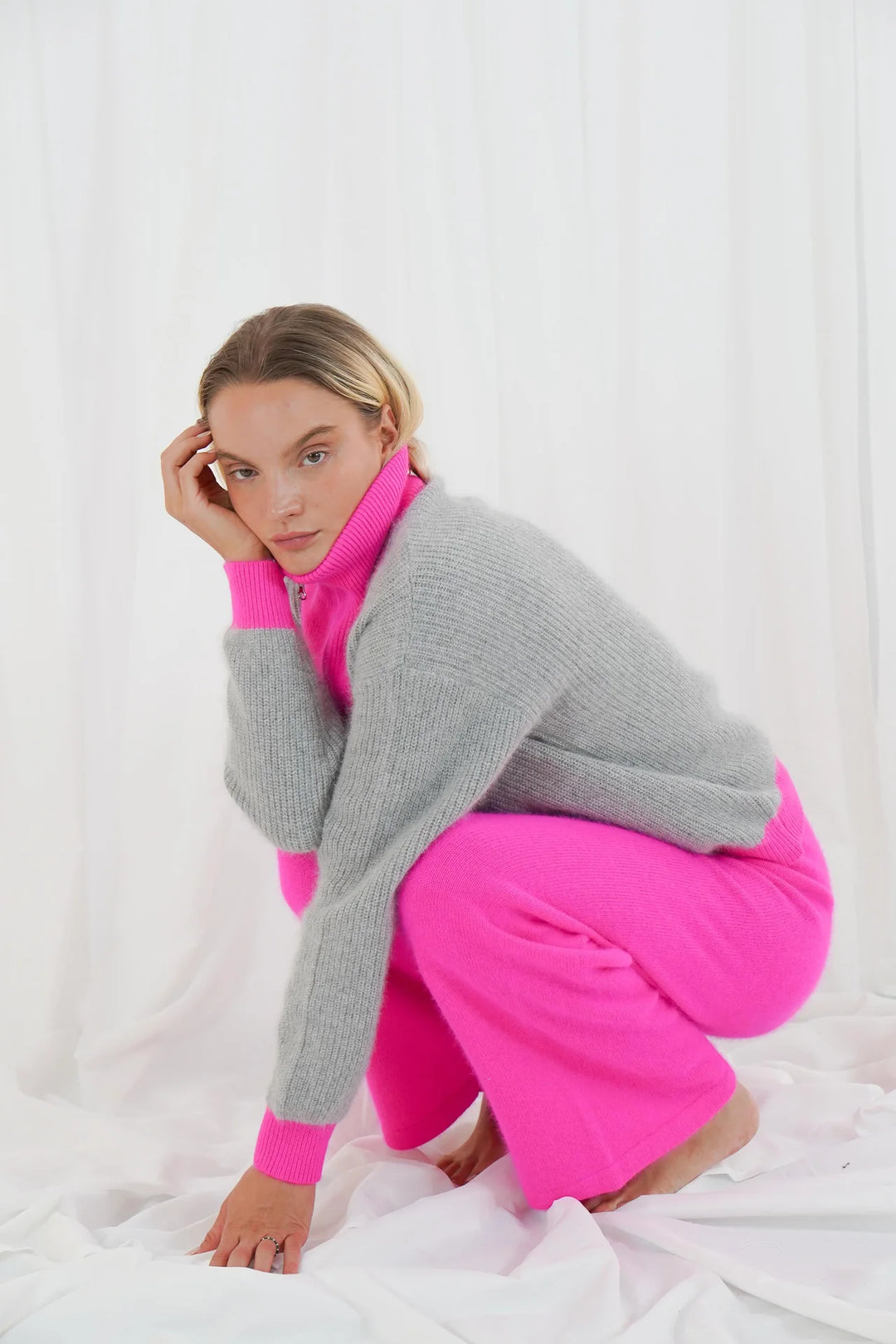Twins Breckenridge II Long Sleeve Trucker Neck Pullover | Pearl Grey &amp; Neon Pink
