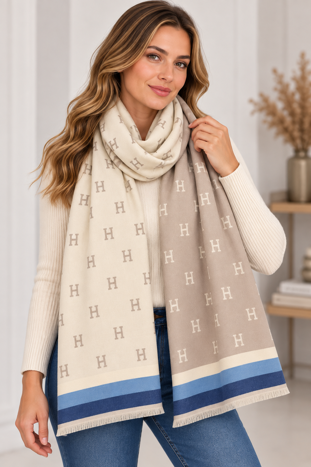 Jenny Glow Cream Monogram Winter Scarf | 32174