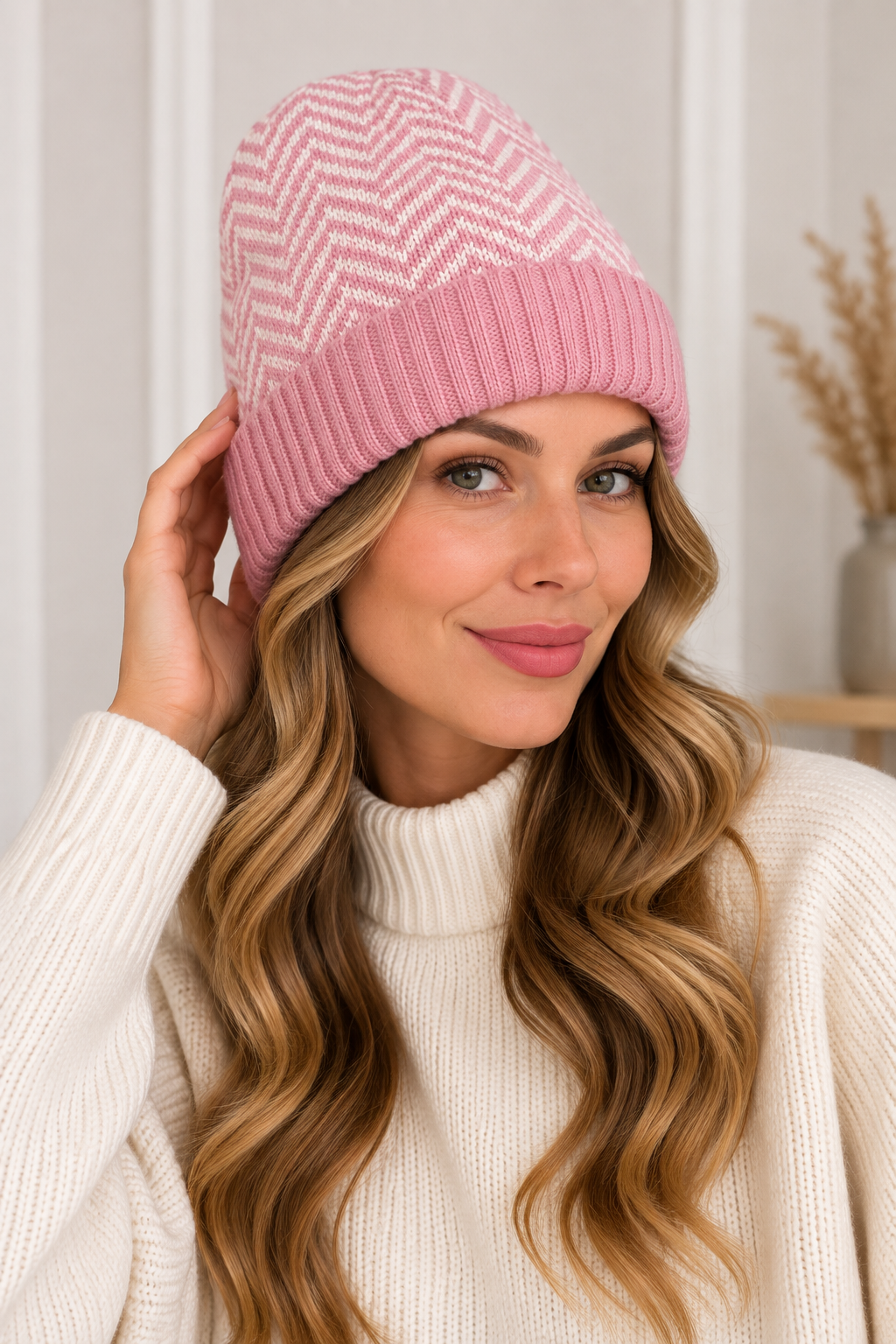 Jenny Glow Pink/White Chevron Beanie | 33024