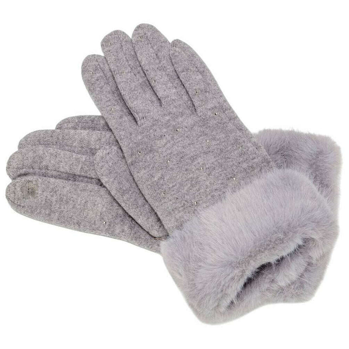 Elie Beaumont Fur Cuff Diamanté Gloves | Grey