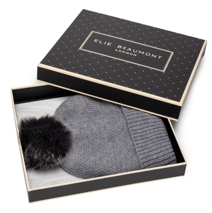 Elie Beaumont Knitted Weave Pom Pom Hat | Grey