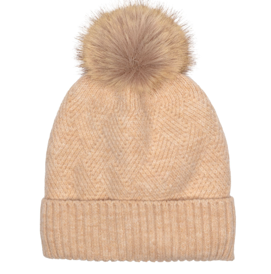 Elie Beaumont Knitted Weave Pom Pom Hat | Oat