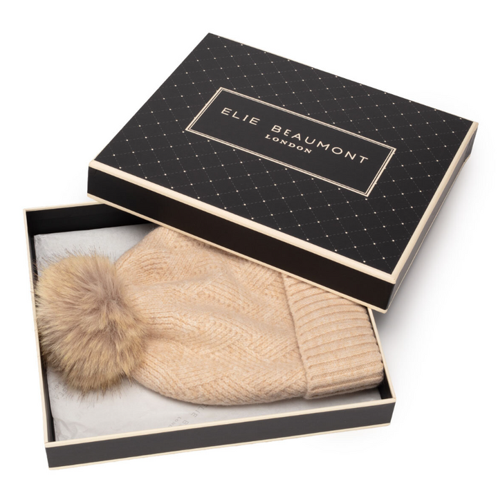 Elie Beaumont Knitted Weave Pom Pom Hat | Oat