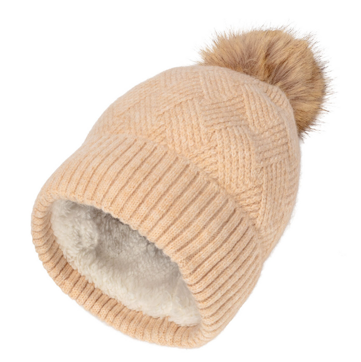 Elie Beaumont Knitted Weave Pom Pom Hat | Oat