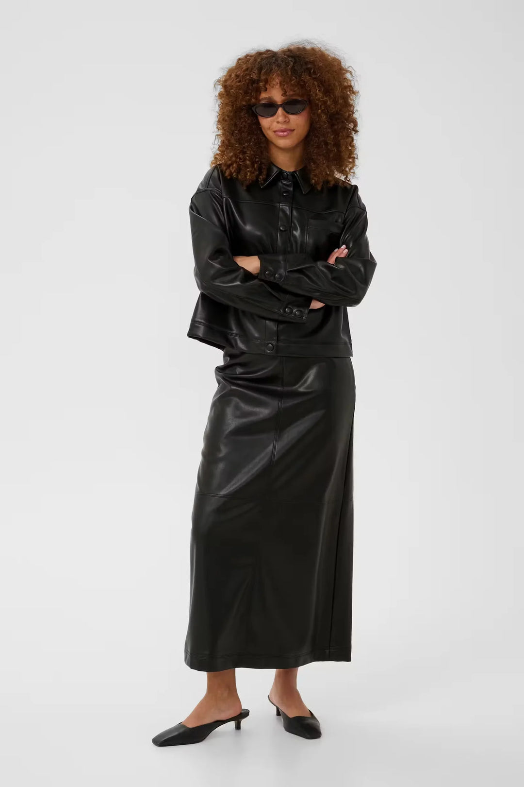 Kaffe Kaarense Long Faux Leather Skirt | Deep Black