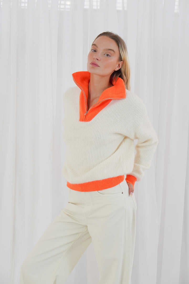 Twns Breckenridge Off White/Neon Orange Long Sleeve Trucker Neck Pullover