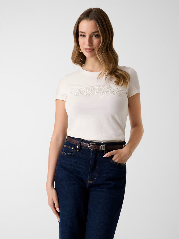 Guess Cream Slim Fit Lace Logo T-Shirt